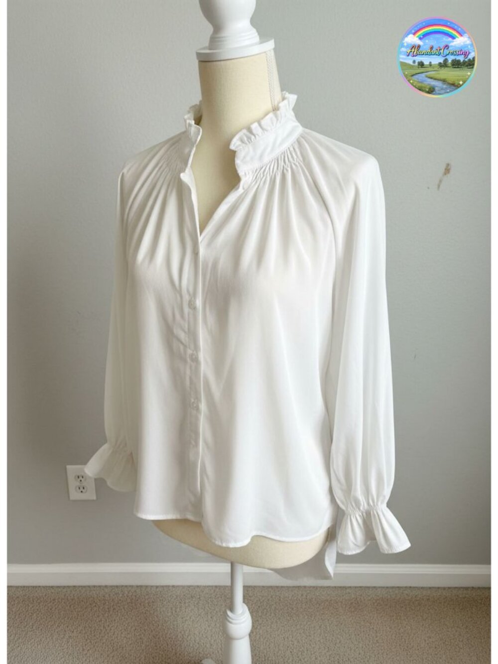 Puff Long Sleeve Button Down Blouse Cotton Loose Fit V-Neck Work Top